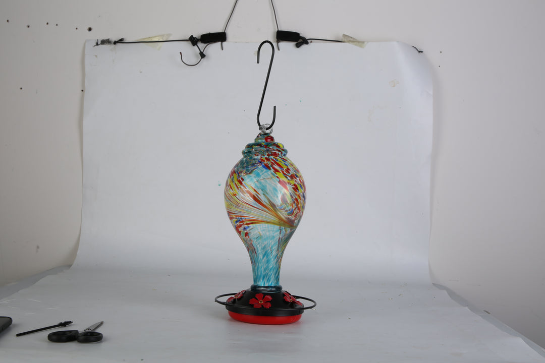 1Pc Glass Hummingbird Feeder 33OZ Hand Blown Hummingbird Feeder With 5 Flower Feeding Port Perch Ant Moat Hanging Hook S Hook Hemp Rope Cleaning Brush For Garden Decor