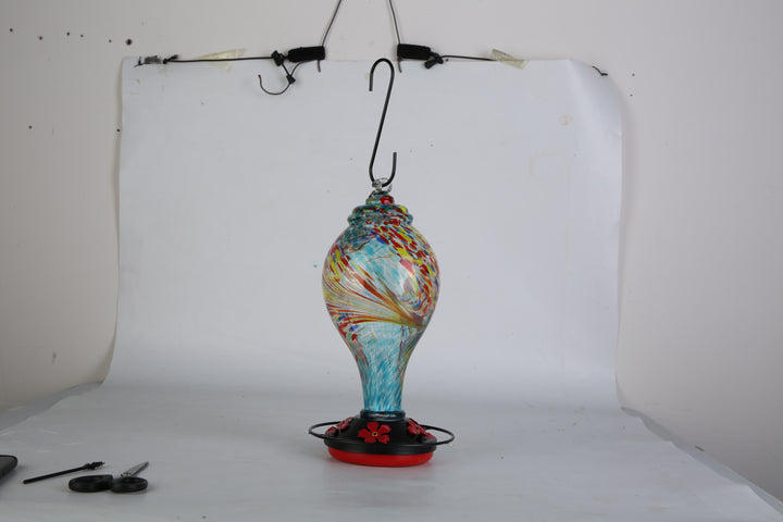 1Pc Glass Hummingbird Feeder 33OZ Hand Blown Hummingbird Feeder With 5 Flower Feeding Port Perch Ant Moat Hanging Hook S Hook Hemp Rope Cleaning Brush For Garden Decor