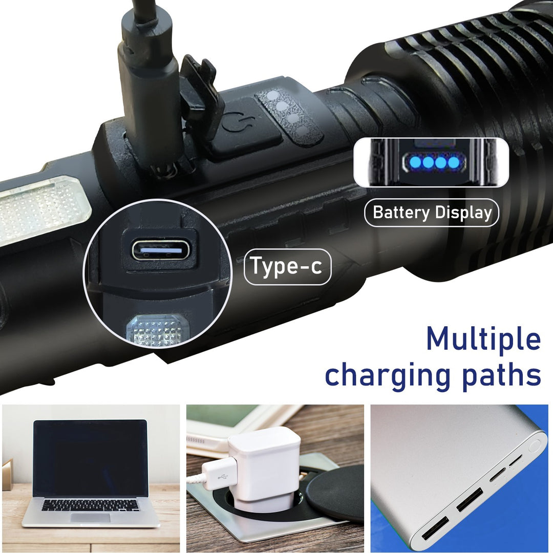 Rechargeable LED Flashlight Zoomable Tactical Torch Police Super Bright Work Light Lamp 3 Light USB Charging
