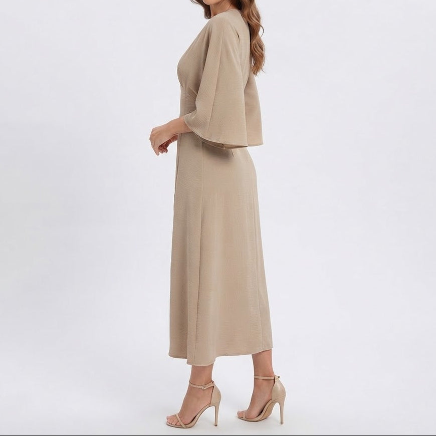 Women's V Neck Flare Sleeve Midi Dress Side Split A-Line Smart Casual