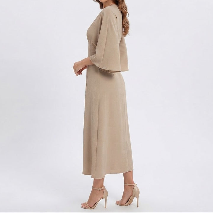 Women's V Neck Flare Sleeve Midi Dress Side Split A-Line Smart Casual