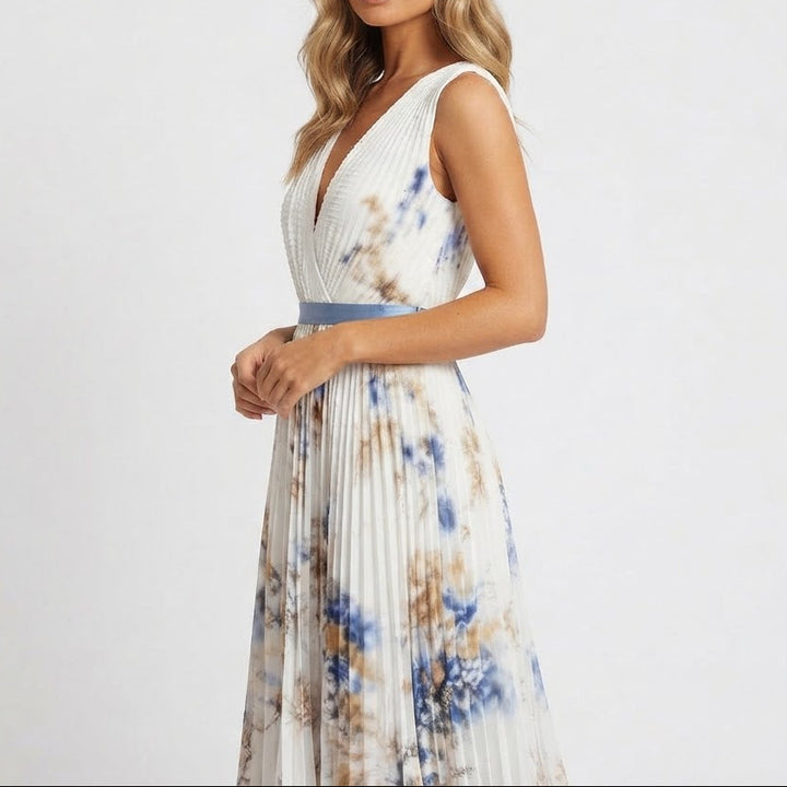 Women's Formal Maxi Dress – Pleated Chiffon Floral Print V-Neck Satin