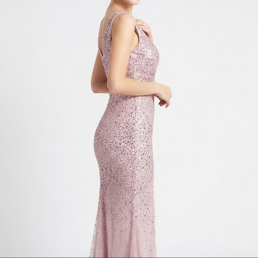 Women's Sequin Mesh Mermaid Maxi Dress Deep V Neck Illusion Side Split