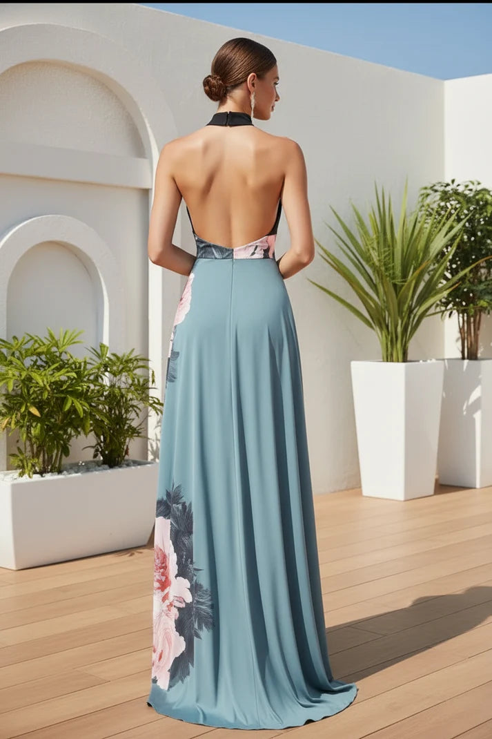 Women's Floral Print Maxi Dress Halter Neck Front Split Formal