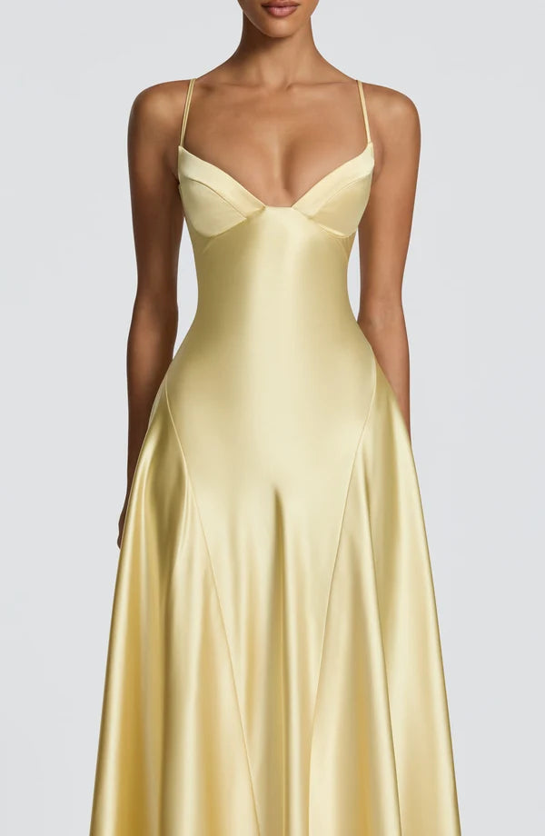 Women's Satin Spaghetti Strap Maxi Dress V-Neck A-Line Evening Gown