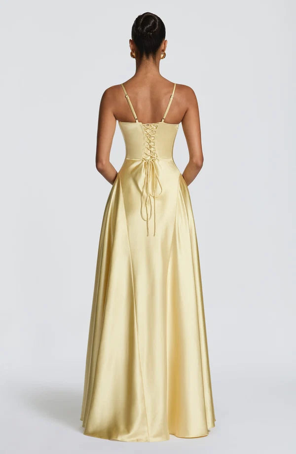 Women's Satin Spaghetti Strap Maxi Dress V-Neck A-Line Evening Gown