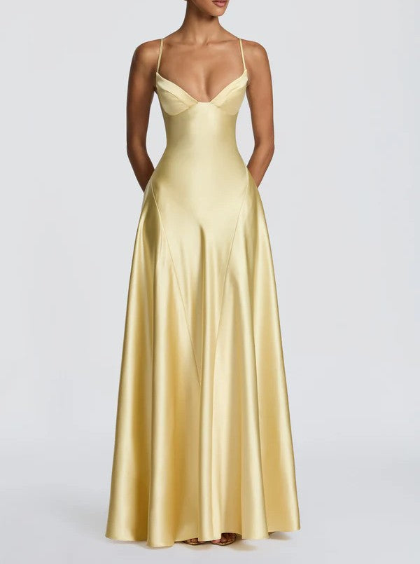 Women's Satin Spaghetti Strap Maxi Dress V-Neck A-Line Evening Gown