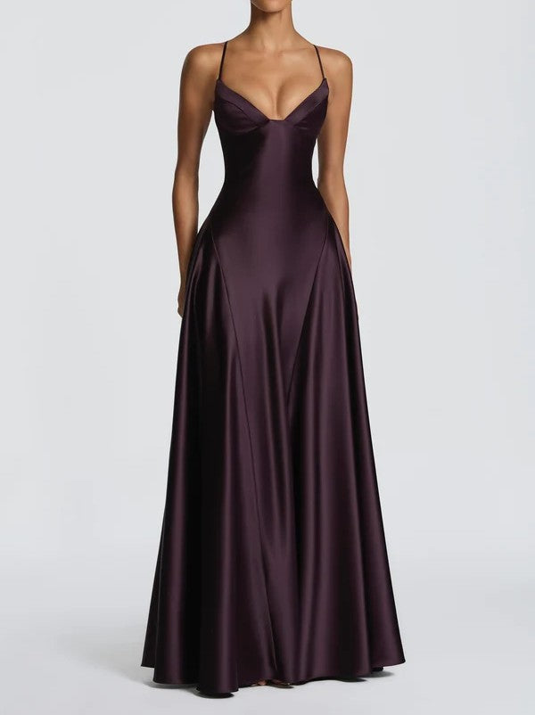 Women's Satin Spaghetti Strap Maxi Dress V-Neck A-Line Evening Gown