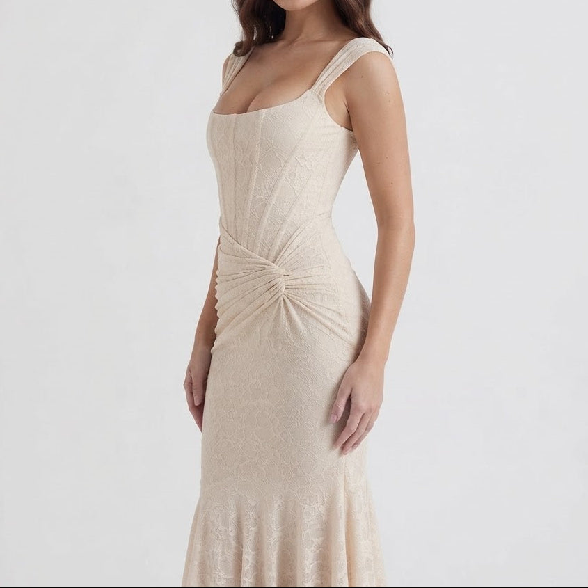 Women's Corset Maxi Dress Square Neck Ruched Textured Mermaid Hem