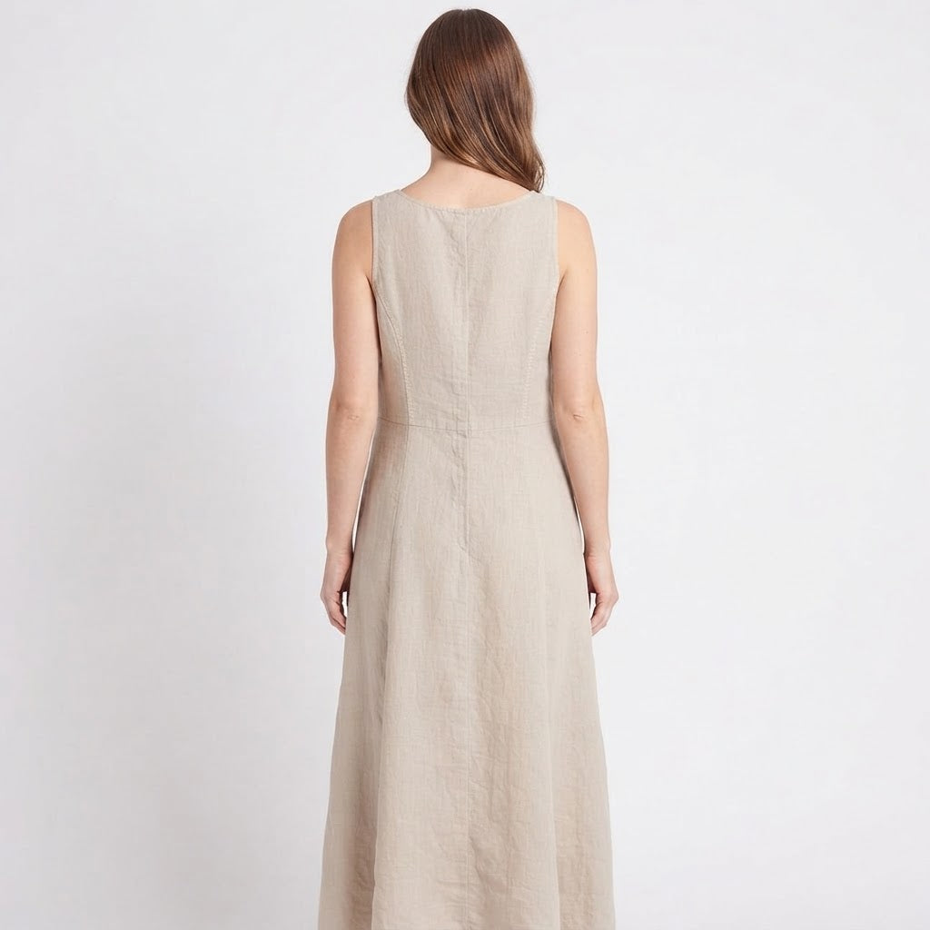 Women's Linen Maxi Dress Sleeveless Loose Fit Scoop Neck Pockets