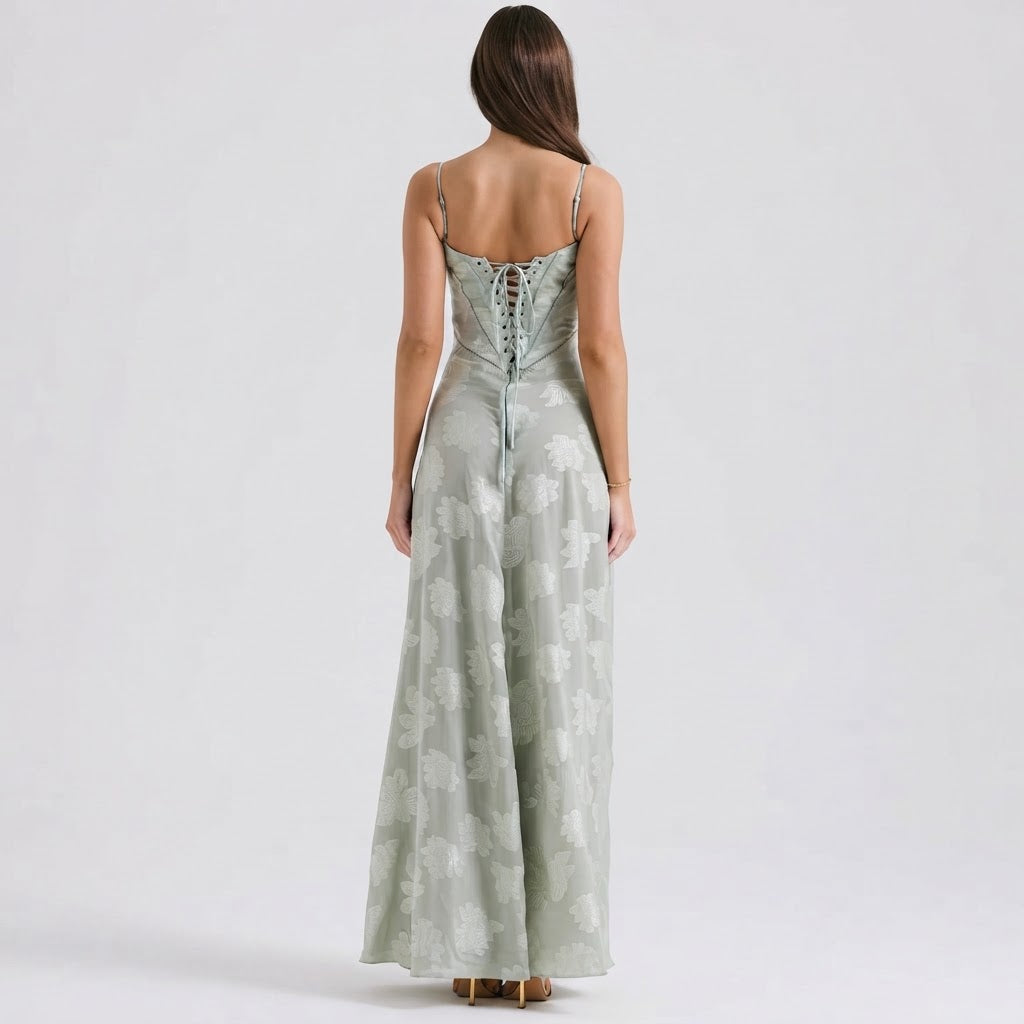 Women's Spaghetti Strap Corset Panel Maxi Dress A-Line Satin Formal