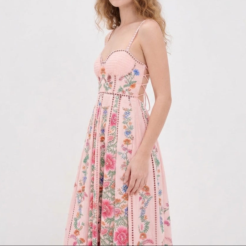 Women's Floral Maxi Dress Bustier Bodice Spaghetti Strap Boho Summer