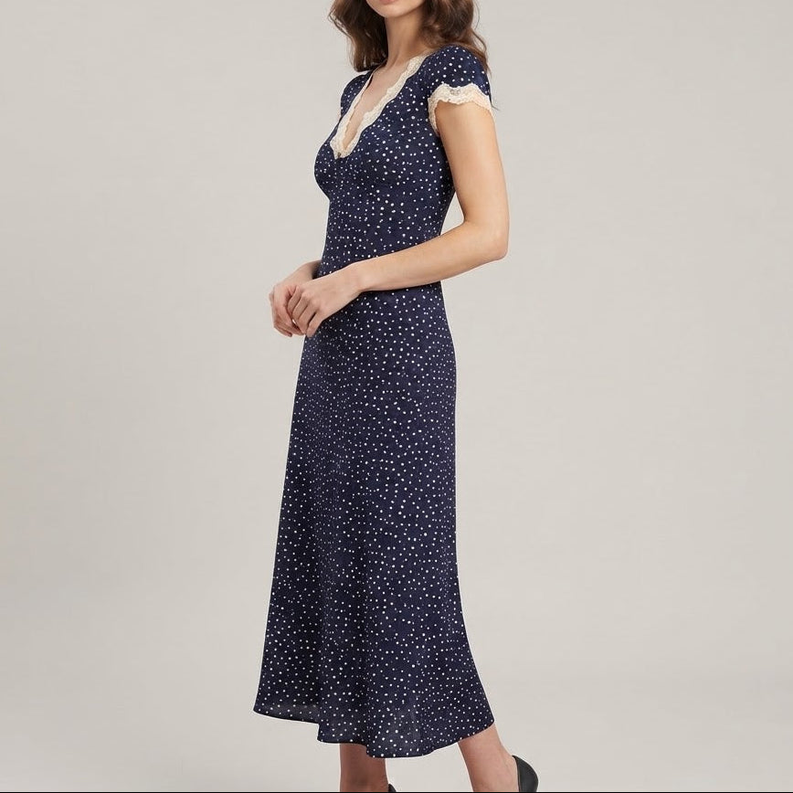Women's Midi Dress – Polka Dot Lace Trim V-Neck Cap Sleeve Column