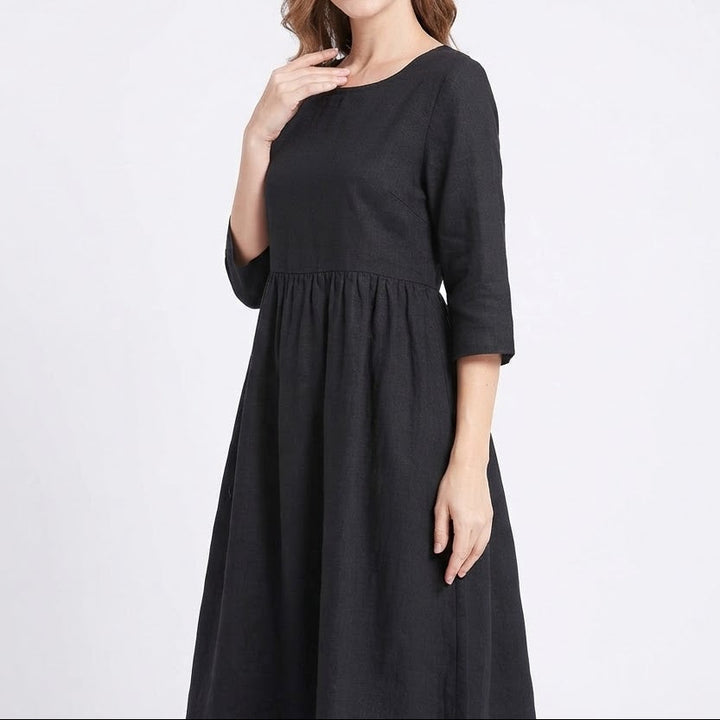 Women's Linen Maxi Dress Short Sleeve Empire Waist Relaxed Pockets