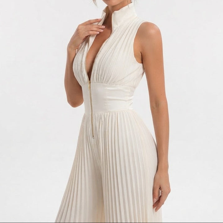 Women's Pleated Jumpsuit High Neck Wide Leg Sleeveless Formal