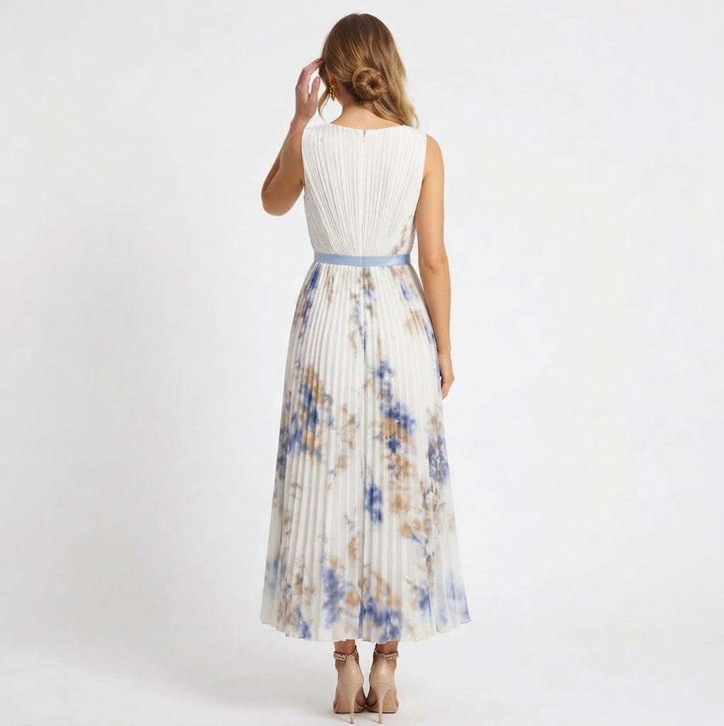 Women's Formal Maxi Dress – Pleated Chiffon Floral Print V-Neck Satin