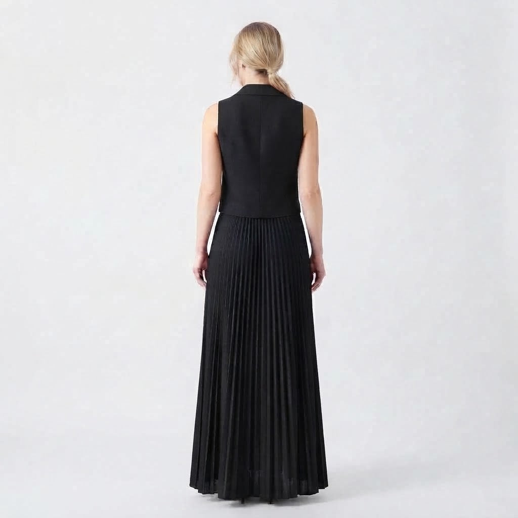 Women's Two Piece Set Tailored Waistcoat Pleated Maxi Skirt Formal