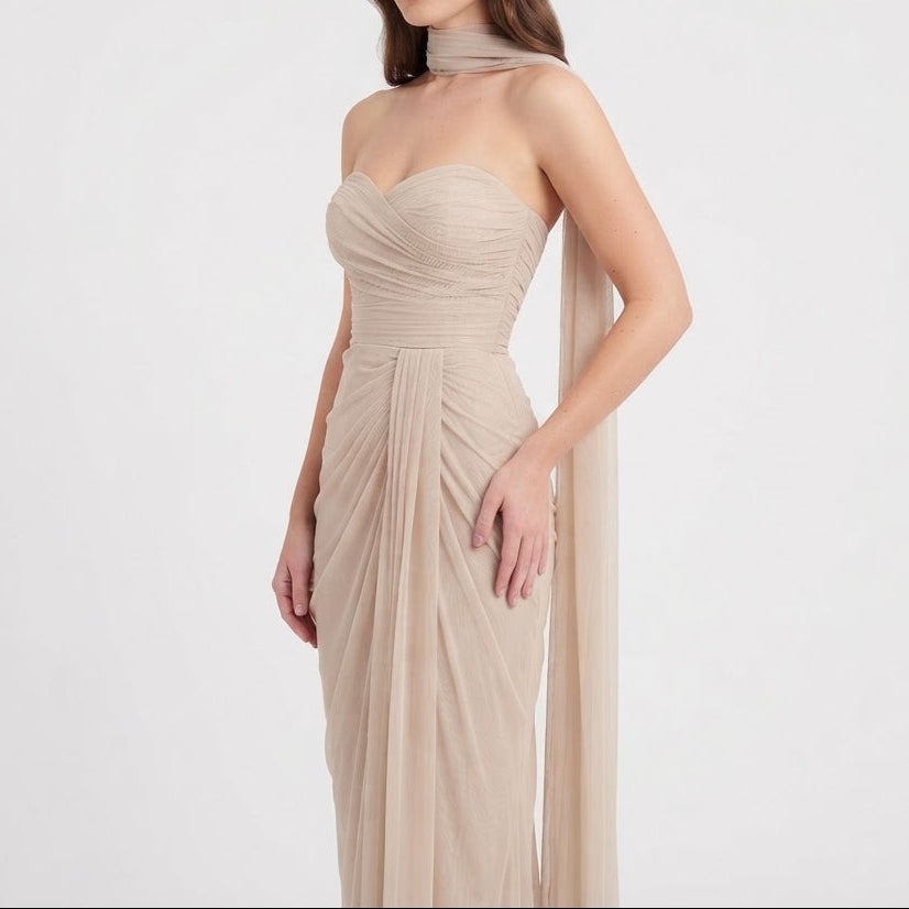 Women's Strapless Maxi Dress Sweetheart Draped Scarf Formal Gown