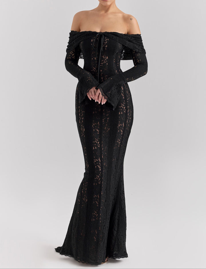 Women's Lace Maxi Dress Off Shoulder Long Sleeve Mermaid Formal