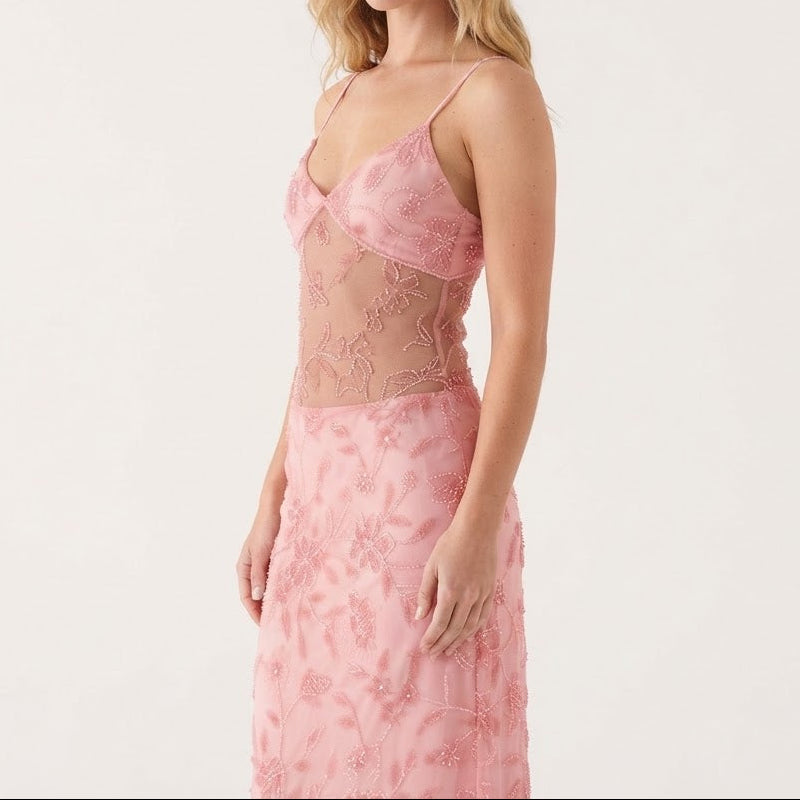 Women's Embroidered Maxi Dress V Neck Sheer Bodice Column Formal