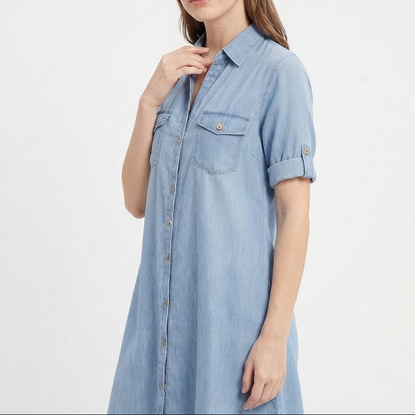 Women's Denim Shirt Dress Short Sleeve Button Front Chest Pockets