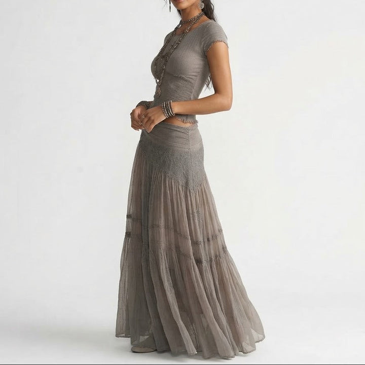 Women's Ribbed Crop Top and Lace Trim Tiered Maxi Skirt Set