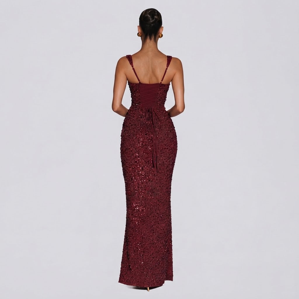Women's Sequin Maxi Dress Square Neck Sleeveless Column Formal