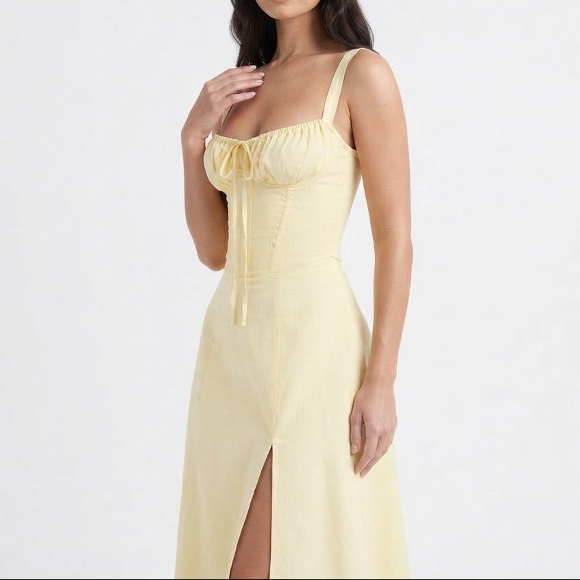 Women's Corset Midi Dress Bustier Bodice Front Split A Line Summer