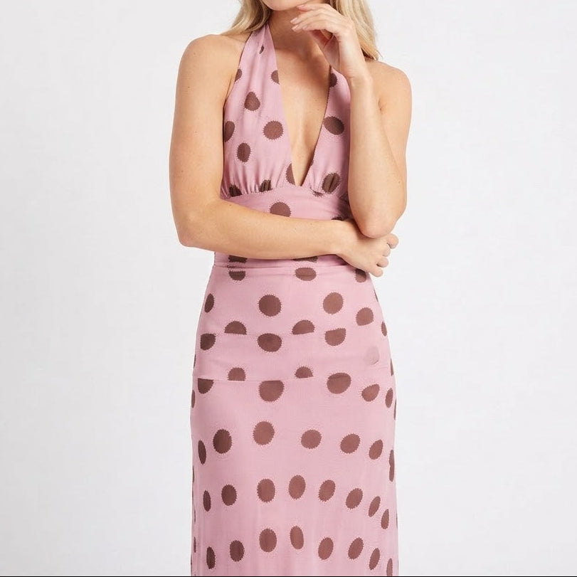 Women's Polka Dot Maxi Dress Halter Deep V Neck Bias Cut Summer