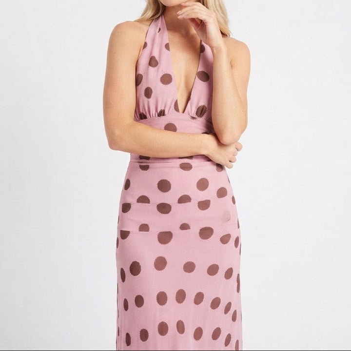 Women's Polka Dot Maxi Dress Halter Deep V Neck Bias Cut Summer