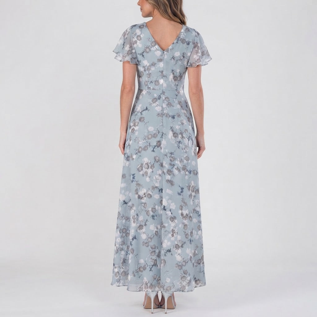 Women's Floral Chiffon Maxi Dress Flutter Sleeve V-Neck Wedding Guest