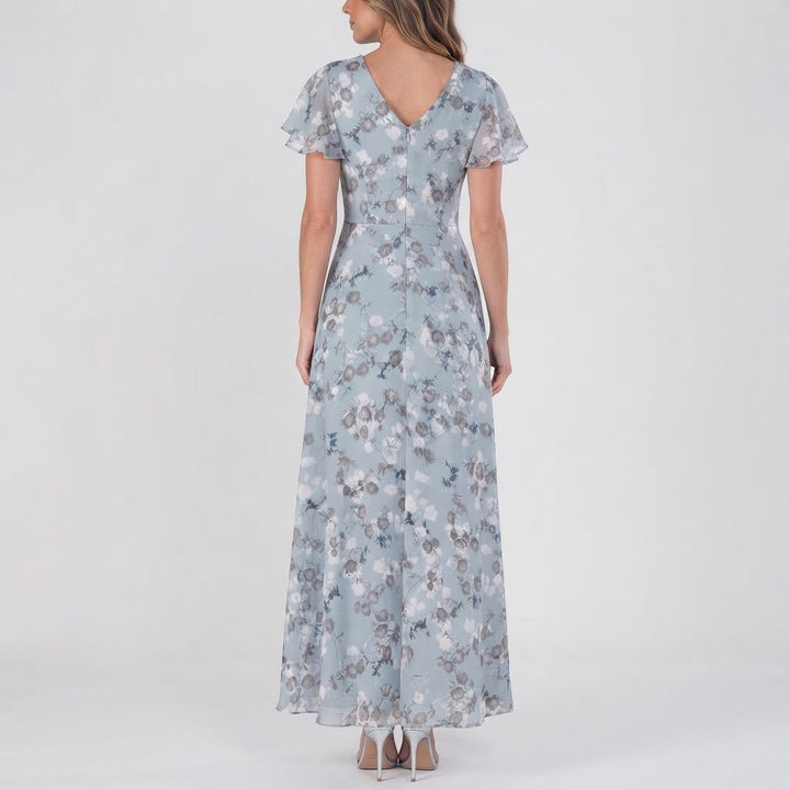 Women's Floral Chiffon Maxi Dress Flutter Sleeve V-Neck Wedding Guest