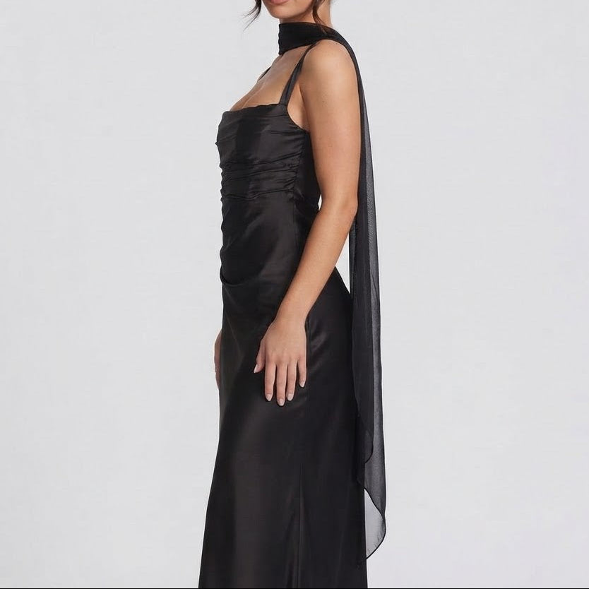 Women's Satin Ruched Maxi Dress Square Neck Scarf Tie Bodycon Formal