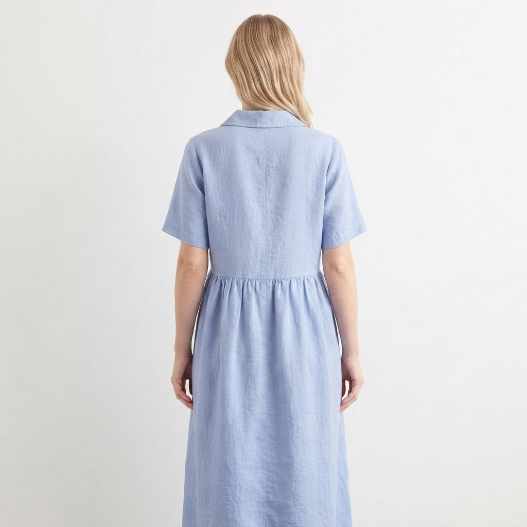 Women's Linen Shirt Dress Pintuck Button Front Short Sleeve Midi