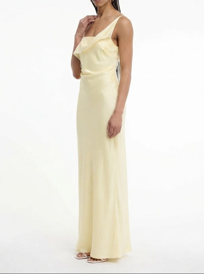 Women's Satin Asymmetric Ruffle Slip Maxi Sundress
