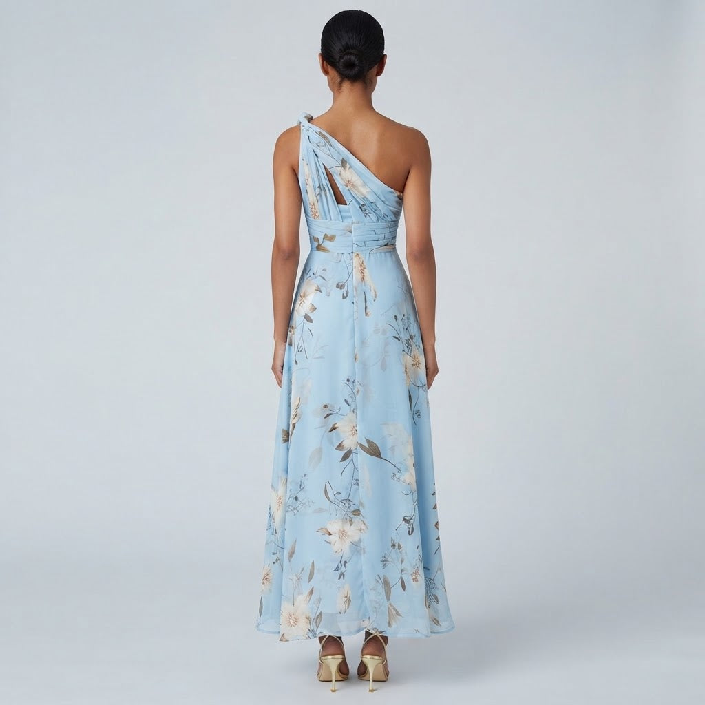 Women's Floral One Shoulder Chiffon Midi Dress Pleated Belted