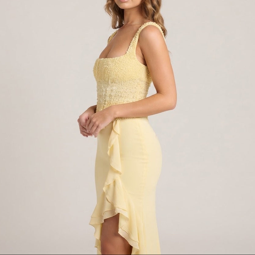 Women's Formal Maxi Dress – Beaded Bustier Ruffle Split Chiffon Skirt
