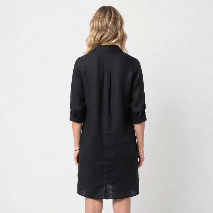 Women's Linen Shirt Dress Button Down Collared Roll Sleeve Midi