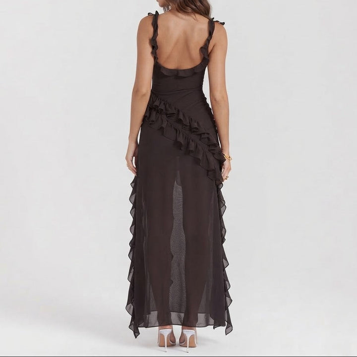 Women's Formal Maxi Dress – Chiffon Ruffle Cascade Asymmetric Split