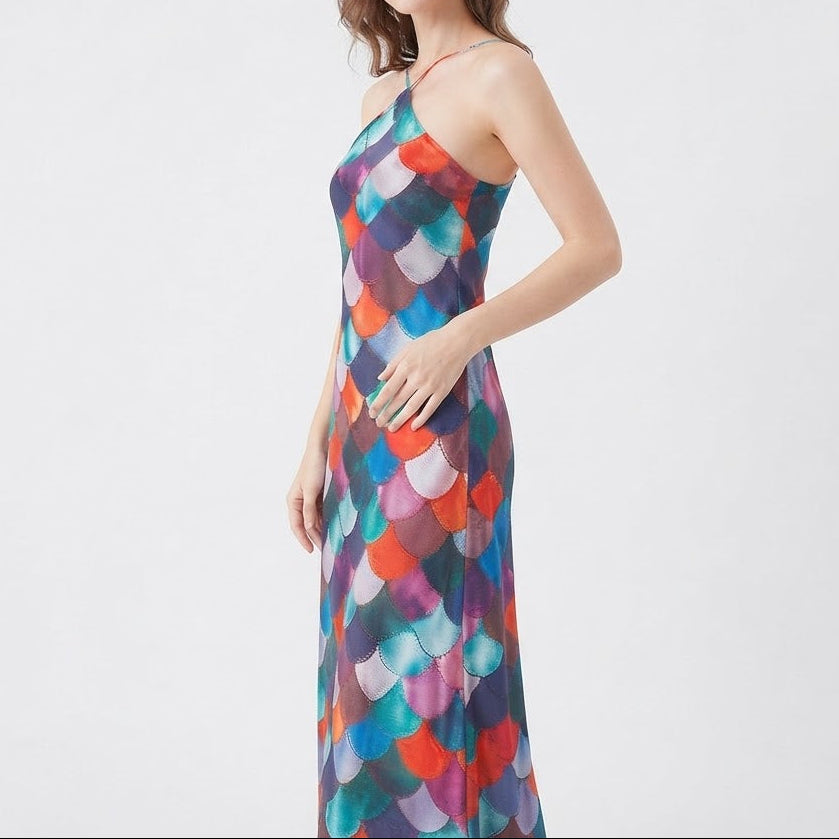 Women's Printed Maxi Dress Halter Neck Sleeveless Column Slip