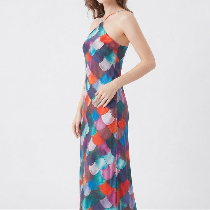 Women's Printed Maxi Dress Halter Neck Sleeveless Column Slip