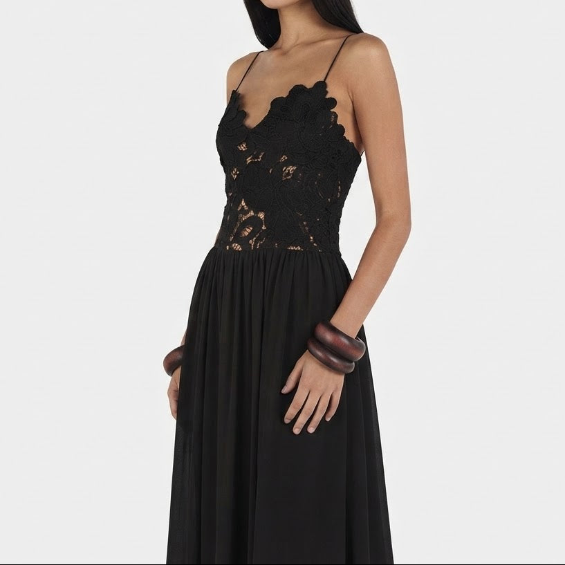 Women's Lace Bodice Maxi Dress Spaghetti Strap Chiffon Evening