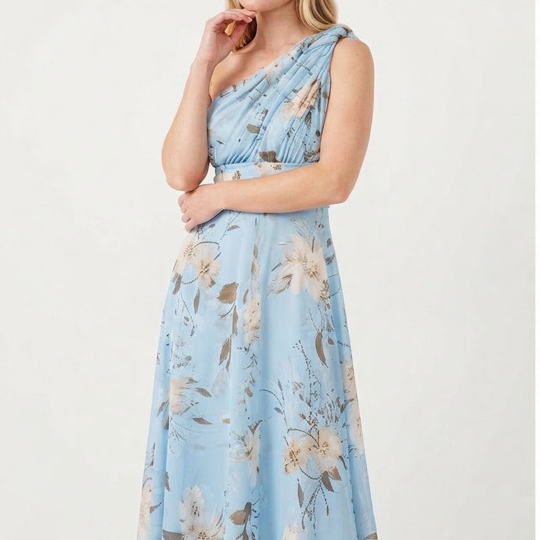 Women's Floral Chiffon One-Shoulder Midi Dress Ruched A-Line