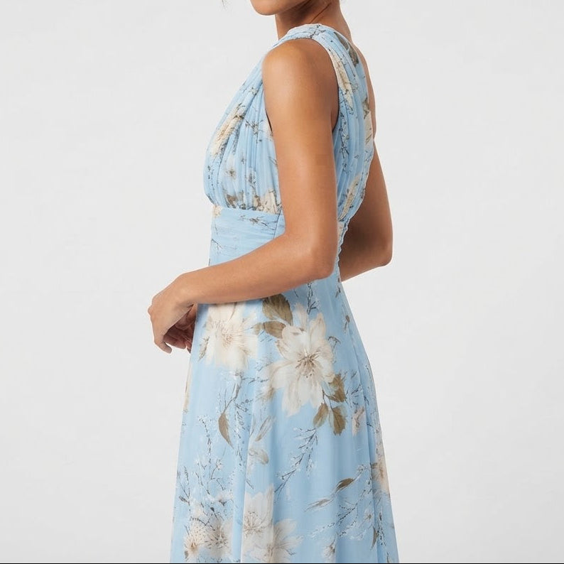 Women's Floral One Shoulder Chiffon Midi Dress Pleated Belted