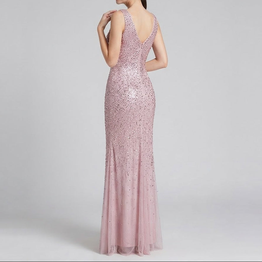 Women's Sequin Mesh Mermaid Maxi Dress Deep V Neck Illusion Side Split