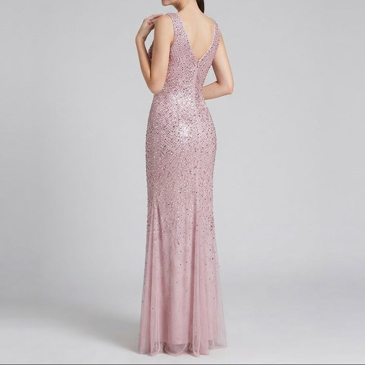 Women's Sequin Mesh Mermaid Maxi Dress Deep V Neck Illusion Side Split