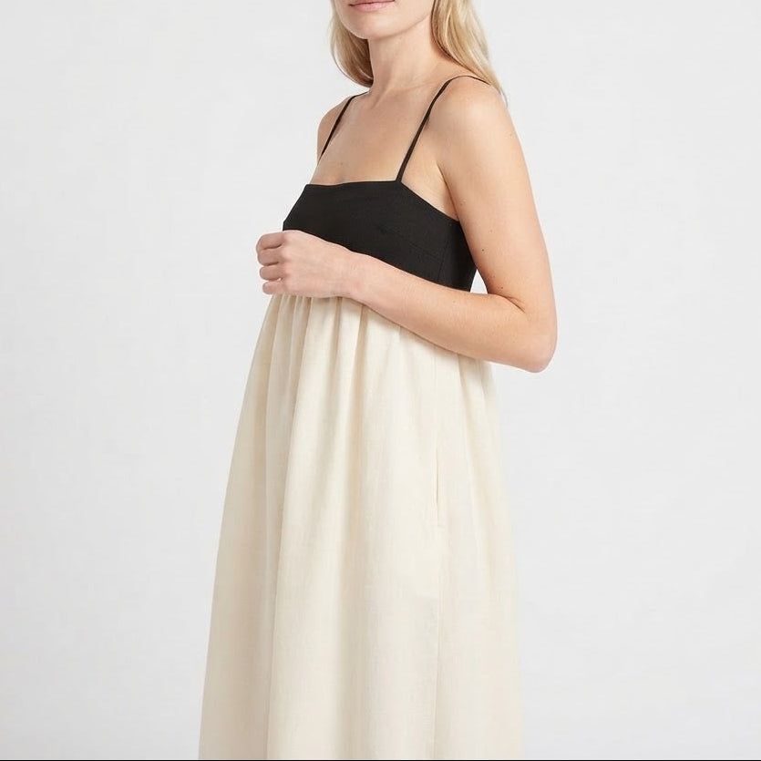Women's Linen Maxi Dress Spaghetti Strap Empire Waist Contrast Panel