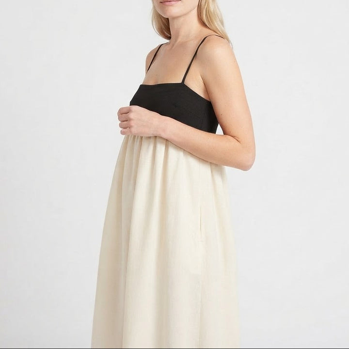 Women's Linen Maxi Dress Spaghetti Strap Empire Waist Contrast Panel