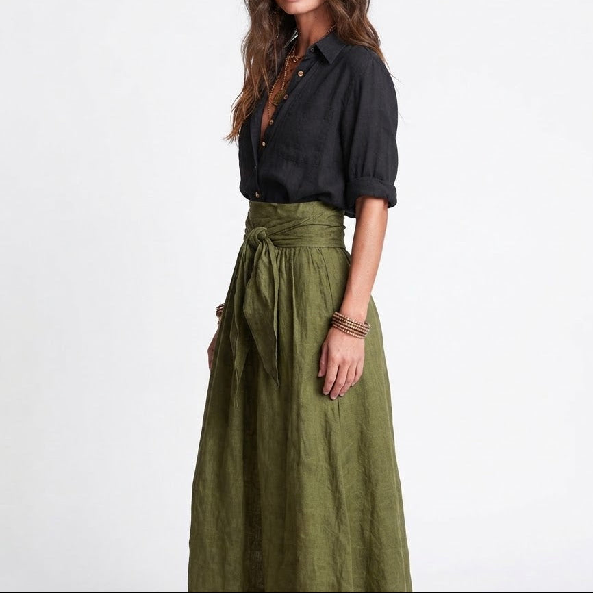 Women's Two Piece Linen Set Button Shirt Tie Waist Maxi Skirt Boho