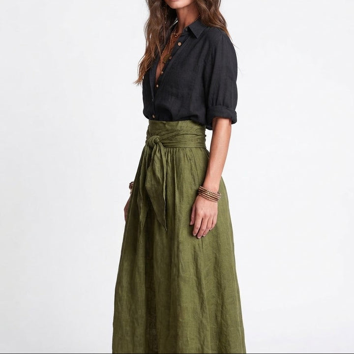 Women's Two Piece Linen Set Button Shirt Tie Waist Maxi Skirt Boho